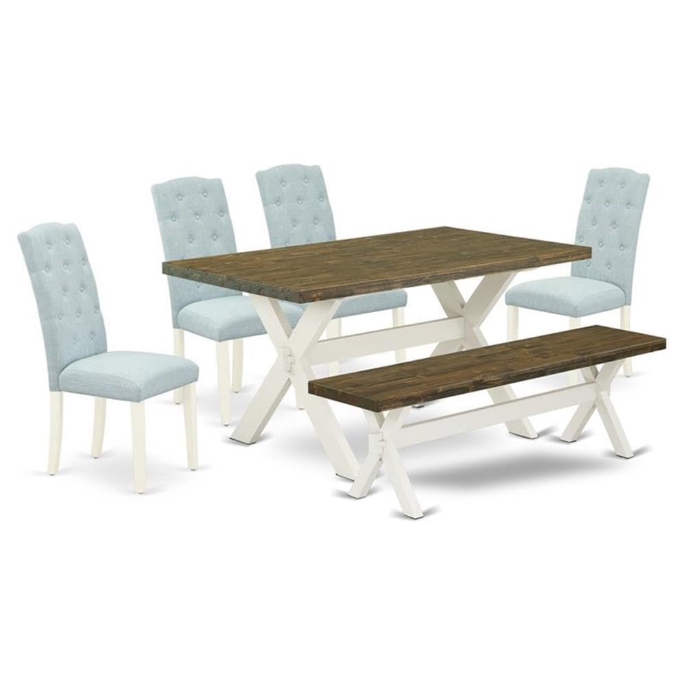 East West Furniture X076Ce215-6 6 Piece Dining Table Set Contains A Rectangle Dining Room Table With X-Legs And 4 Baby Blue Linen Fabric Parson Chairs With A Bench, 36X60 Inch, Multi-Color